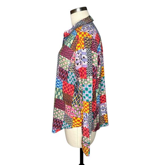 JOHNNY WAS Isadora Waves Long Sleeve Silk Patchwork Button Down Blouse Women's - Picture 2 of 7